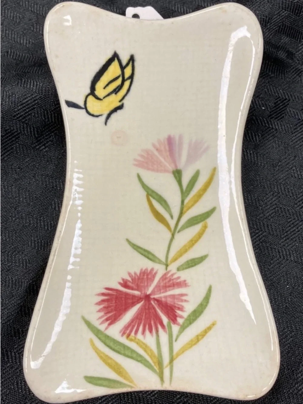 Red Wing Pottery Vintage Collectible Spoon Rest Pink Floral Yellow Butterfly